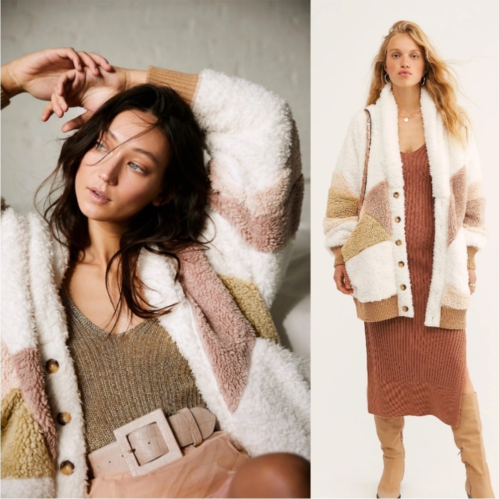 Free People Selma Cardigan Sherpa Plush Color Block Small Oversized Button